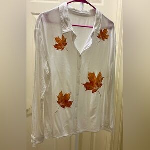 White Leaf Print Button Down Shirt